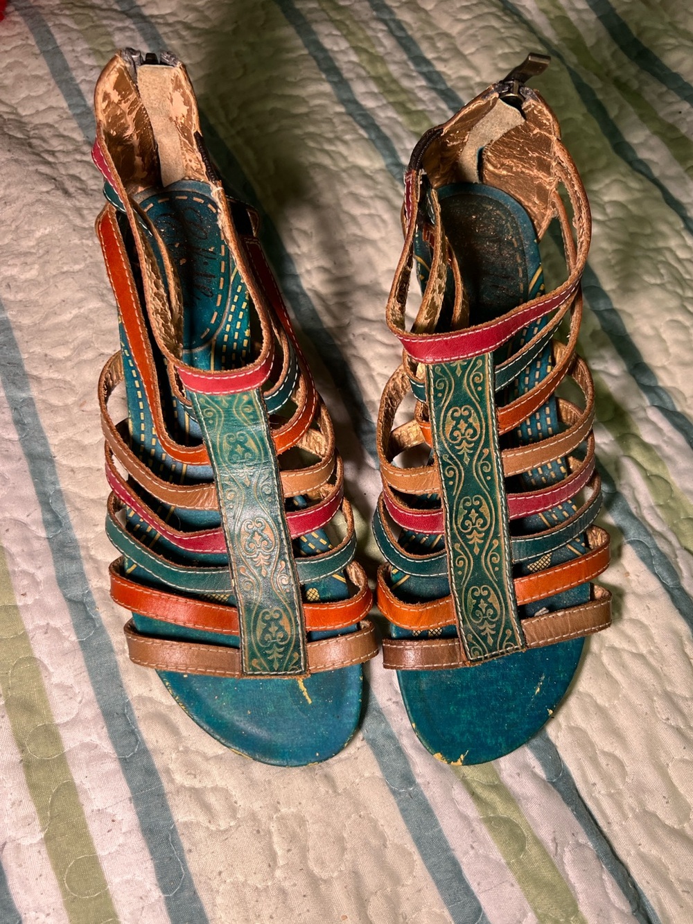 Women's Teal Multistrap Gladiator Sandals with Brown & Red Accents